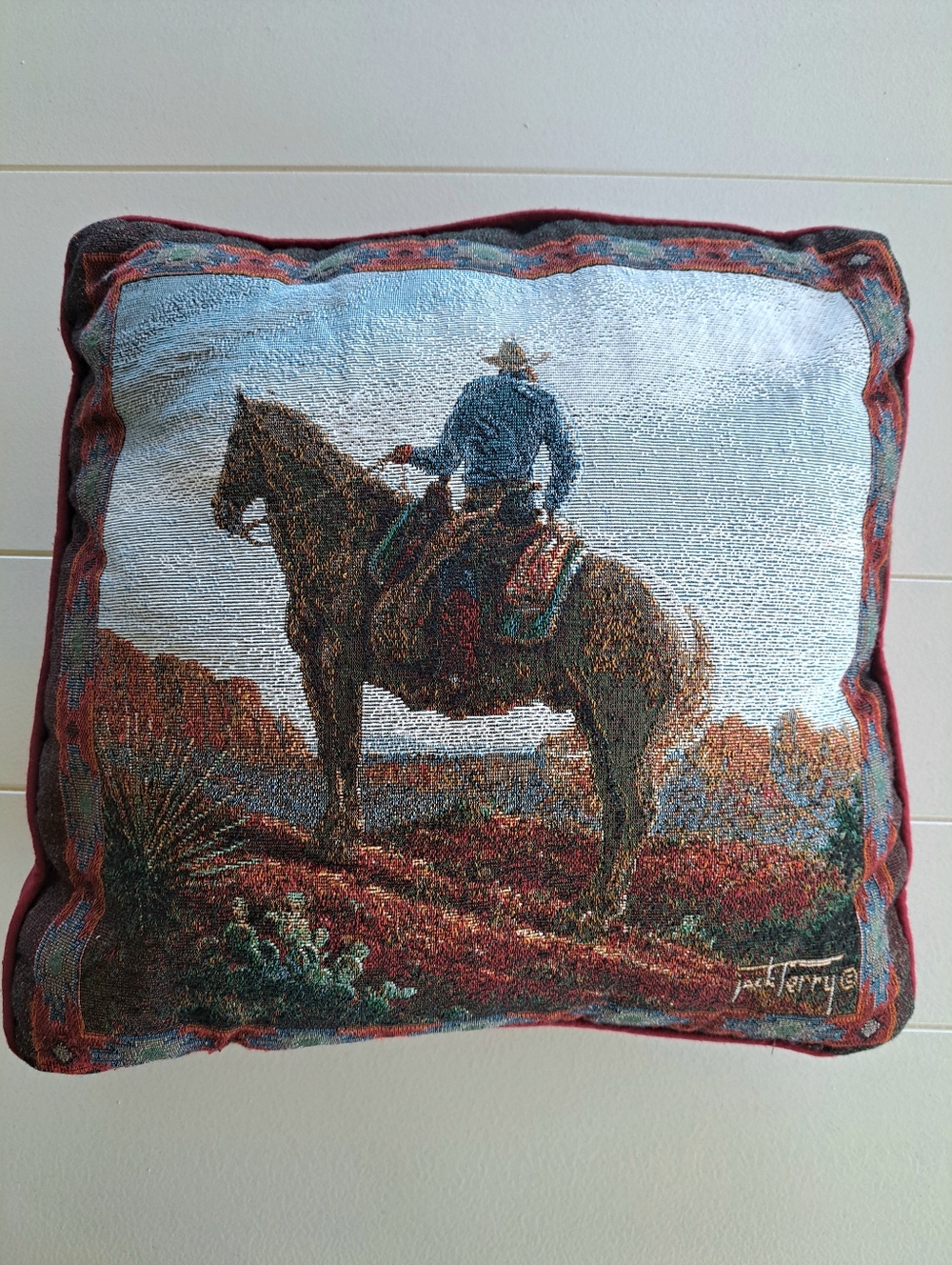Mohawk Vintage Western Cowboy Horse Woven Tapestry Throw Pillow Native
